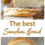 Slices of semolina bread on wooden board, long pin with text