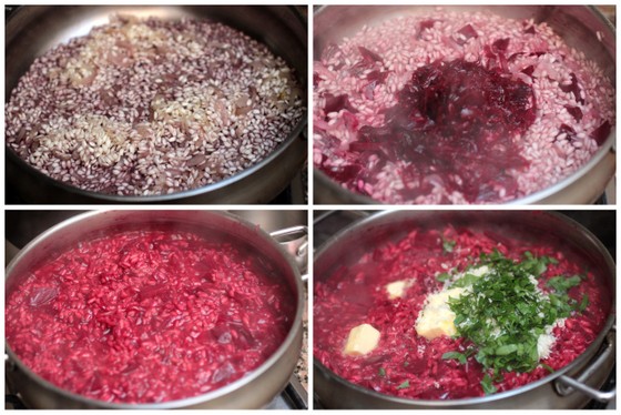 Roasted beet risotto process, image collage.