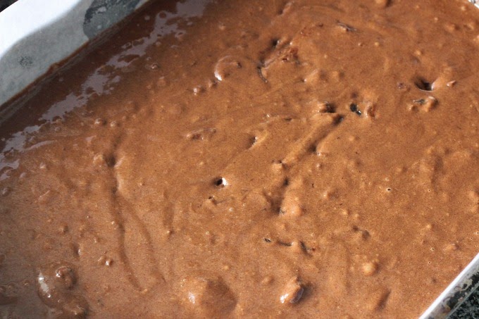 Close up of chocolate cake batter on rectangular pan
