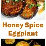 Rounds of cooked and raw honey eggplant, long pin with text