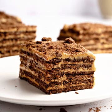 White plate and background with servings of Argentinian chocotorta.