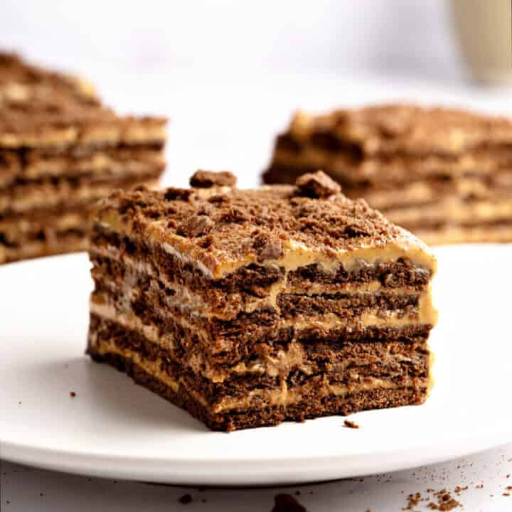 White plate and background with servings of Argentinian chocotorta.