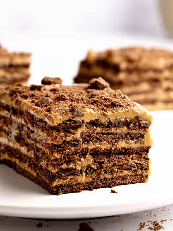 White plate and background with servings of Argentinian chocotorta.