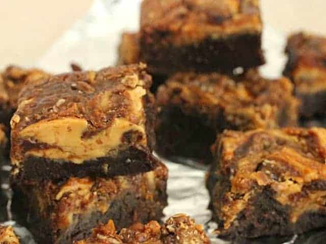 Squares of brownies swirled with peanut butter