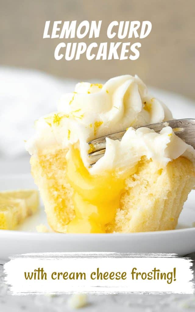 White text overlay on close up image of frosted lemon curd cupcake being forked on a white plate.