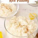 Rice pudding in glass bowls on a white surface with brown and white text overlay.