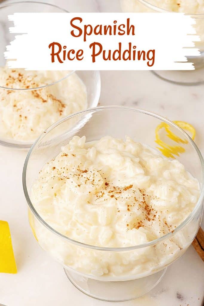 Rice pudding in glass bowls on a white surface with brown and white text overlay.