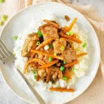 Close up of grayish plate with rice and pork carrot stir fry. Silver fork.