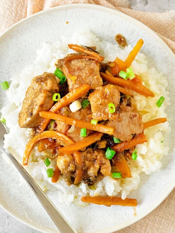 Close up of grayish plate with rice and pork carrot stir fry. Silver fork.