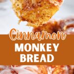 Brown and white text overlay on glazed monkey bread. Hand lifting a piece.