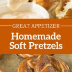 Brown and white text overlay on two images of whole and dipped soft pretzels.