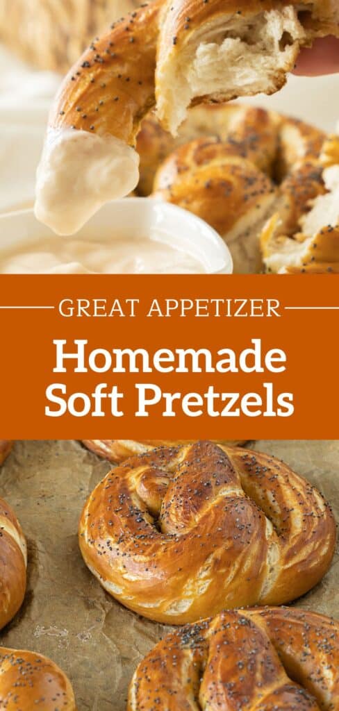 Brown and white text overlay on two images of whole and dipped soft pretzels.