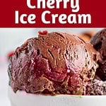 Burgundy, white and brown text overlay on two images of scooped chocolate cherry ice cream.