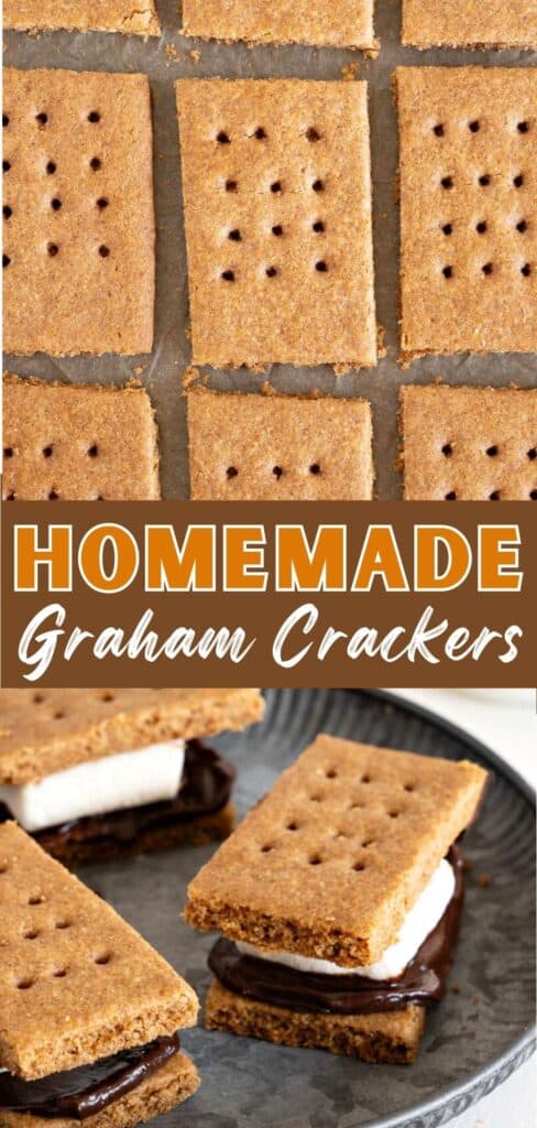 Brown and white text overlay on images of graham crackers and smores.