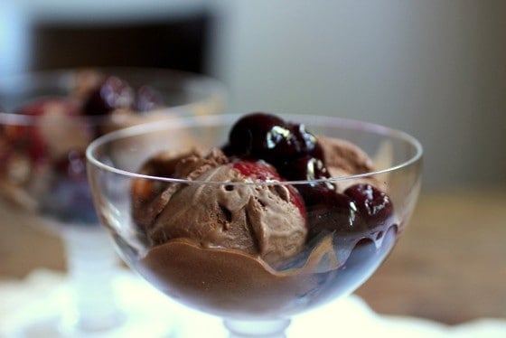 Ice glass with chocolate ice cream and cherries