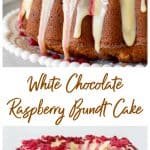 Glazed white chocolate raspberry bundt cake on white plate, grey background, long pin with text