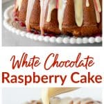 Glazed white chocolate raspberry bundt cake on white plate, grey background, long pin with text