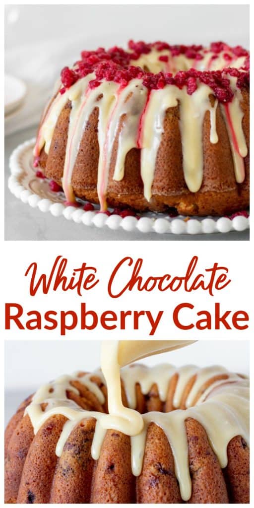 Glazed white chocolate raspberry bundt cake on white plate, grey background, long pin with text