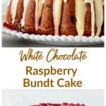 Glazed white chocolate raspberry bundt cake on white plate, grey background, long pin with text