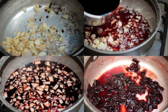 Four image collage of violet mustard being prepared in a saucepan. 