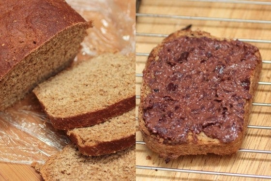 Two image collage of rye bread loaf, and slice with purple mustard. 
