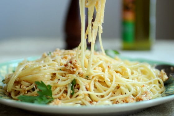 Plate with linguini and cauliflower pesto.