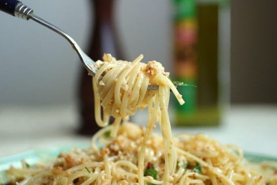 Silver fork with linguini and cauliflower pesto.