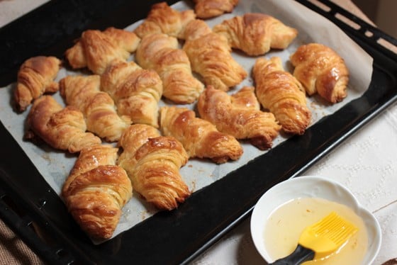 French Croissants on the baking pan.
