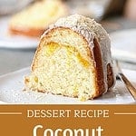 Brown and white text overlay on two images of whole and sliced coconut mango bundt cake.