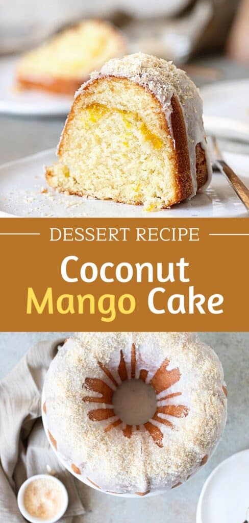 Brown and white text overlay on two images of whole and sliced coconut mango bundt cake.