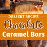 Brown and white text overlay on two images of caramel chocolate millionaire squares.