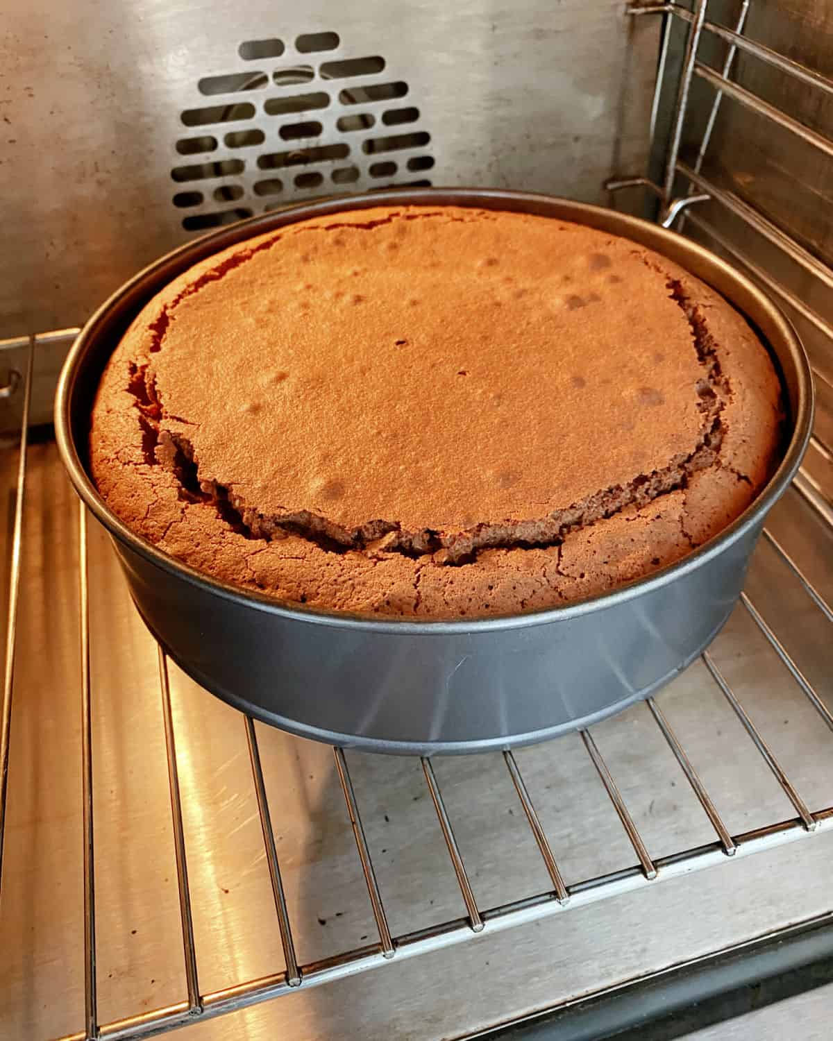 Inside view of chocolate cake being baked in the oven.