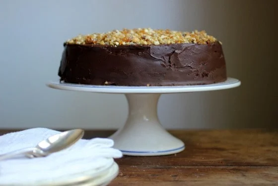 Whole chocolate covered layer cake on a cake stand. 