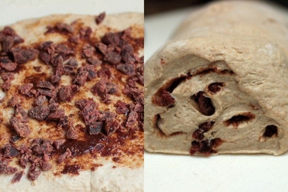 Collage of cinnamon strawberry bread process, filling the dough and rolled dough