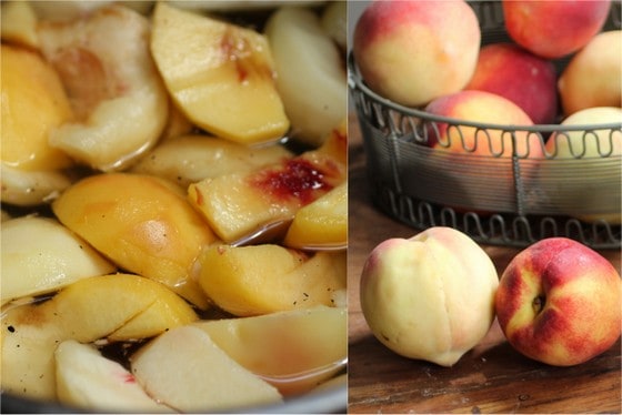 Collage showing peach slices in syrup and basked with whole peaches