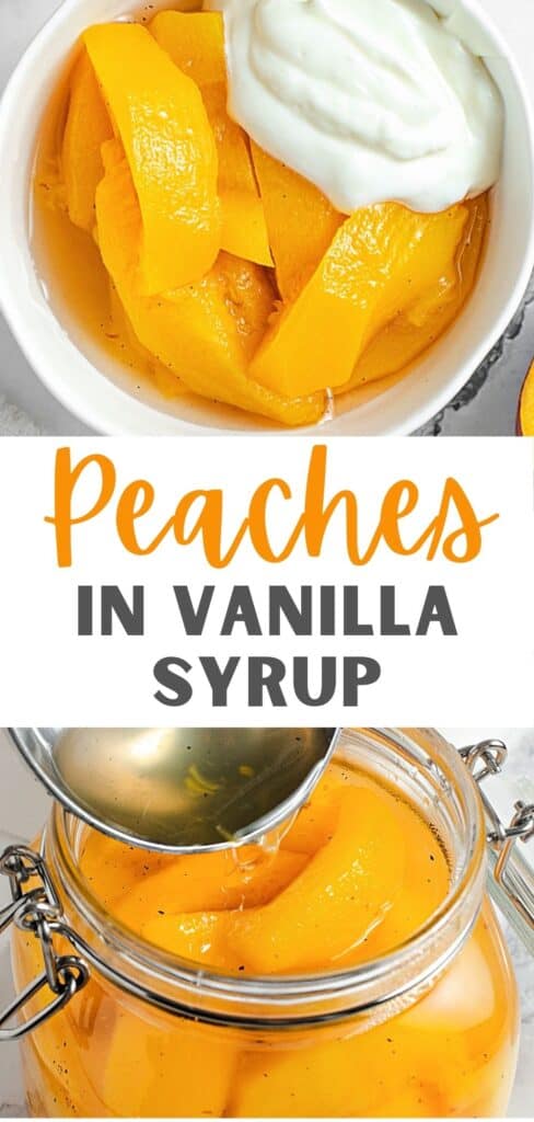 Black, orange and white text overlay on two images of peaches in syrup, canned and with yogurt.