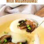 Brown, green and white text overlay on image of potato soup with mushrooms.