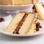 Slice of vanilla dulce de leche cake on a white plate. More cake in the background.