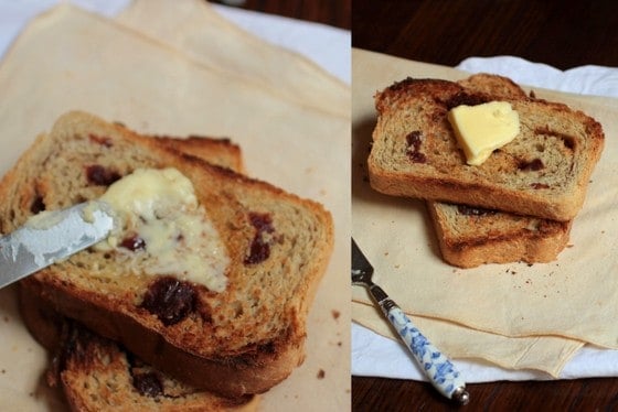 Collage of cinnamon strawberry toasted bread slices being buttered.