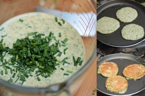 Three image collage showing swiss chard pancake batter and cooking them in a skillet.