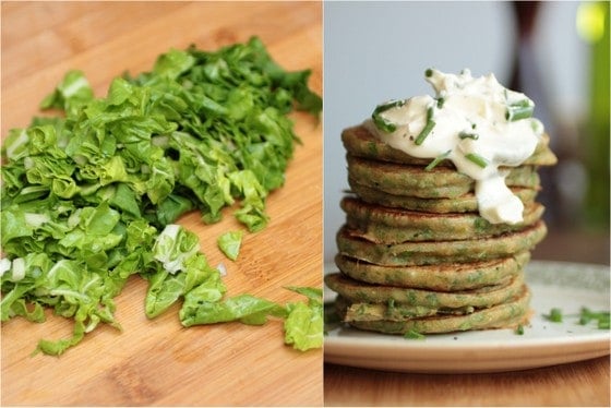 Chopped swiss chard on a wooden board and stack of pancakes in a plate. Two image collage.