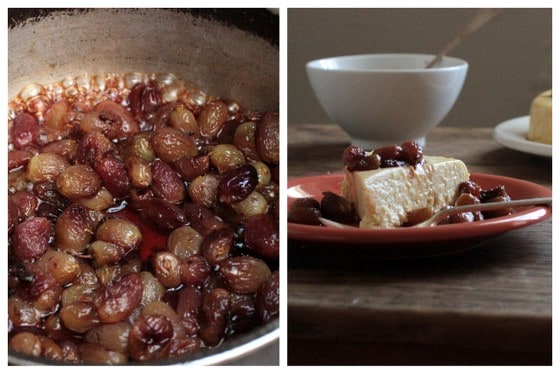 Caramelizing grapes; cheesecake in plate, white bowl on wooden table.