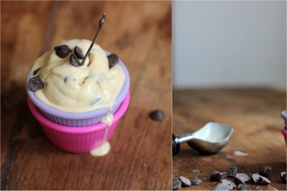 Two image collage of chocolate chip ice cream in purple and pink ramekins. Ice cream scoop on a wooden table. 