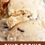 Brown, white and pink text overlay on cone with cookie ice cream.