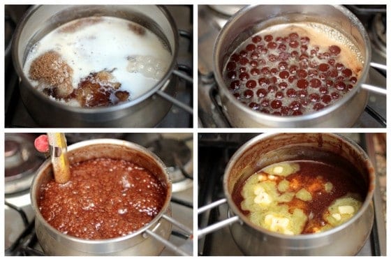 Four image collage of fudge making process, metal saucepan with sugar, chocolate, butter.