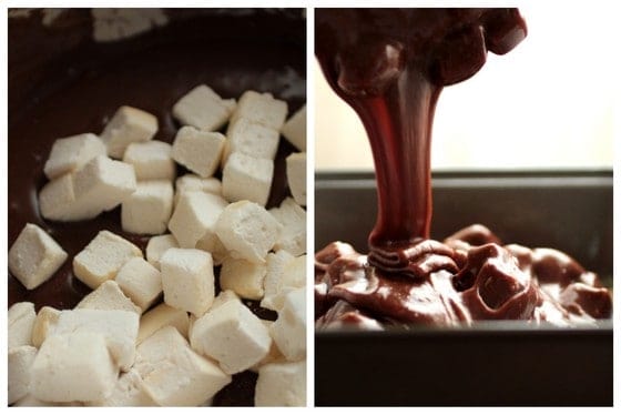 Two image collage of marshmallows added to fudge mixture; being poured into the pan.