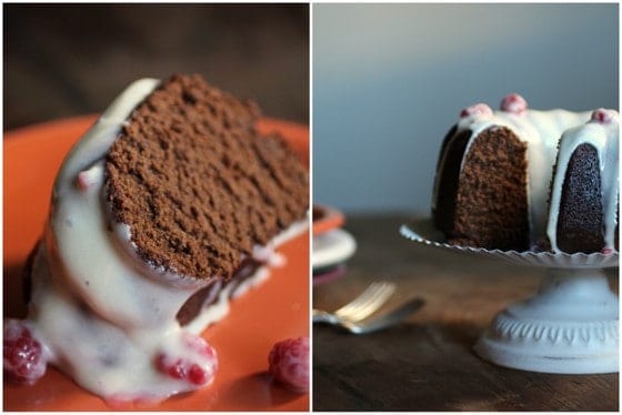 Two image collage with slice of glazed chocolate cake and the cake on a white cake stand.