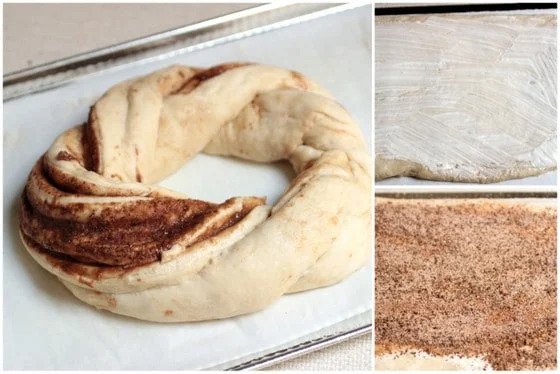 Three image collage showing cinnamon challah bread being filled and rolled.