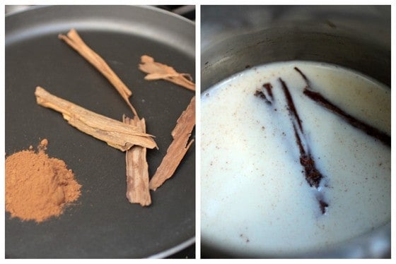 Two image collage of cinnamon being toasted and milk infusing with the cinnamon sticks. 
