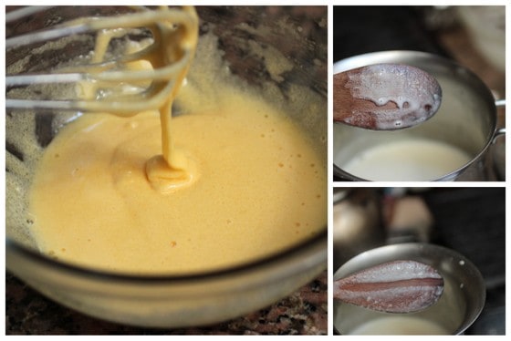 Three image collage with steps for making custard cream in a metal saucepan for ice cream base.